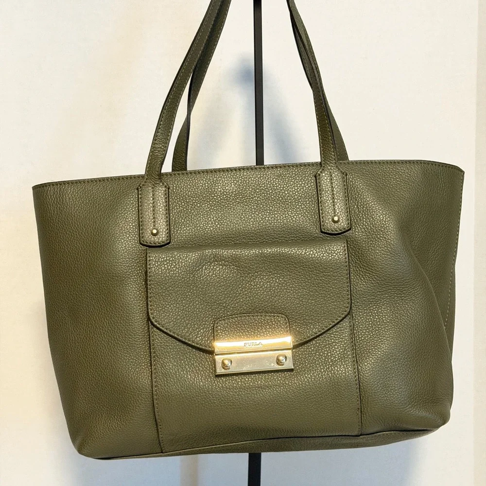 🔵 Furla Olive‎ Green Pebbled Leather Tote Bag Gold Hardware Shoulder Italy
